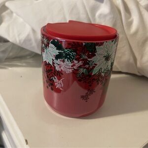 Starbucks Ceramic Coffee Mug w/Lid, Red Poinsettia & Holly 2022, 8 ounces